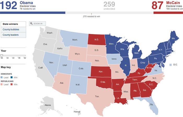 The in-progress NYTimes electoral map from 2008.