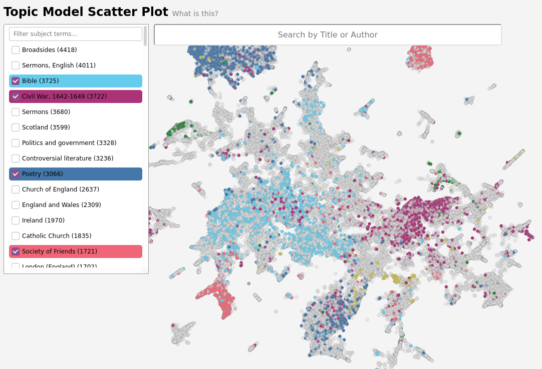 A screenshot of EarlyPrint site, showing the clusters of texts in LargeVis.