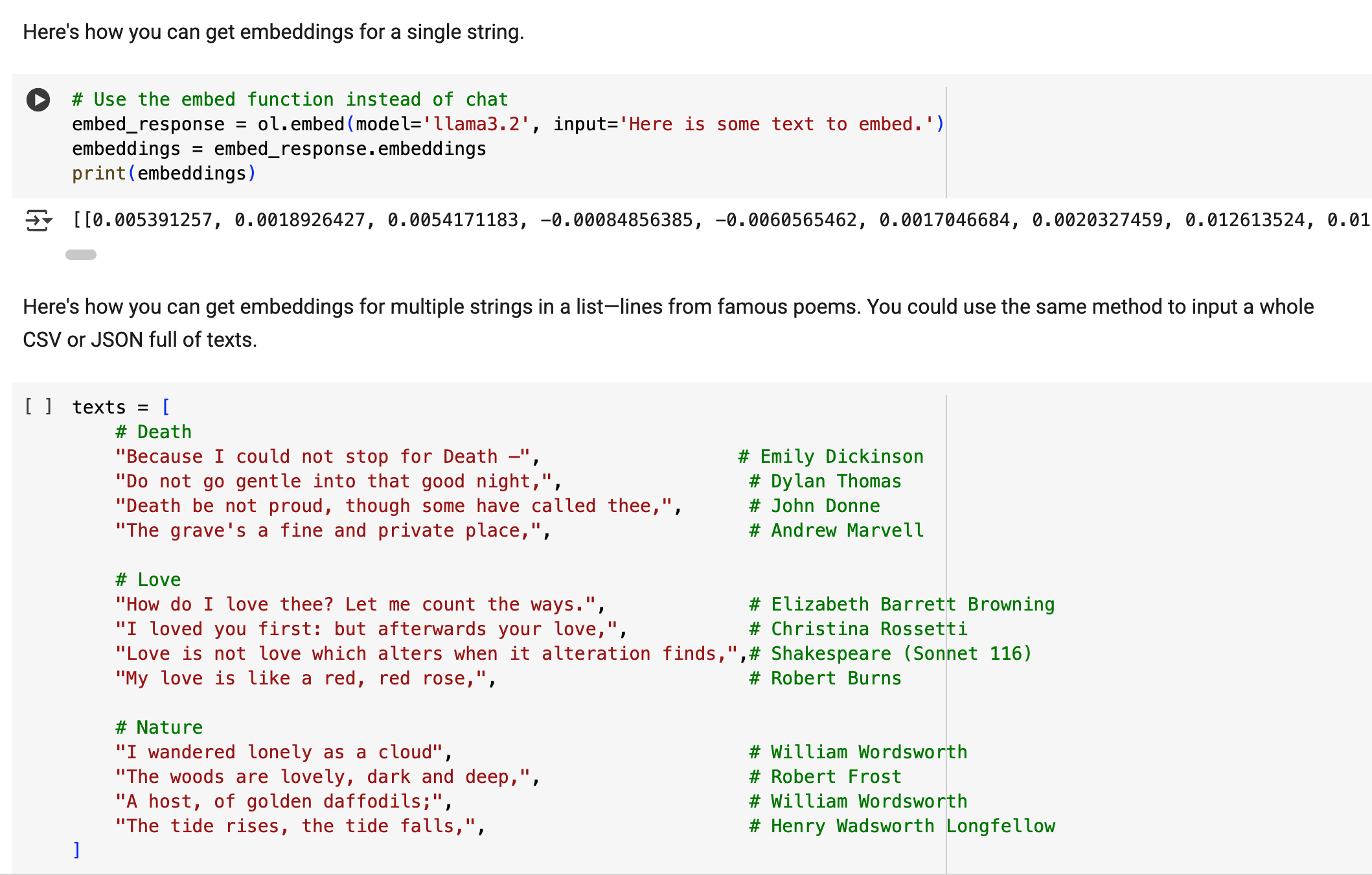 A screenshot of the Colab notebook for the tutorial, showing how to create document embeddigns from lines of poetry.